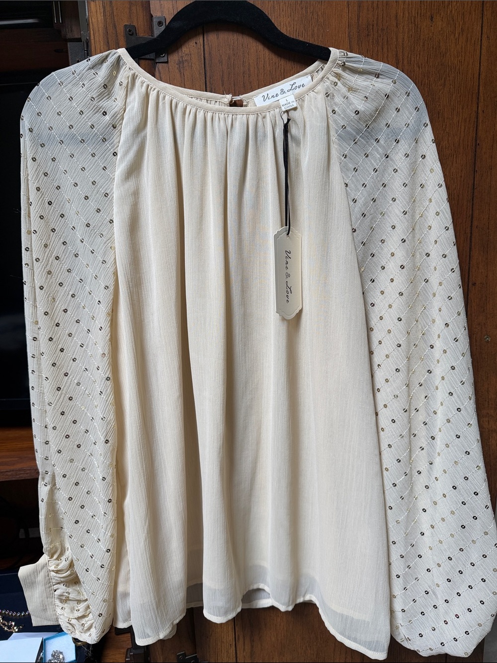 Vine & Love Cream Blouse with Gold-Embellished Sleeves